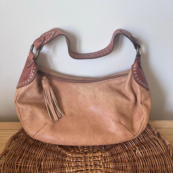 Fossil Y2K Nubuck Leather Hobo Tassel Brown Shoulder Studded Purse Western Boho - Picture 1 of 9
